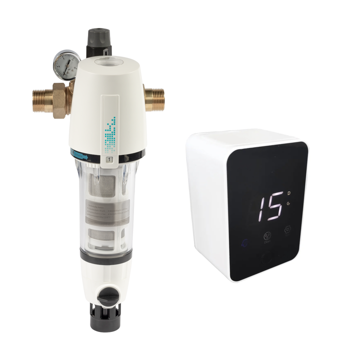 Rückspülfilter Aqmos 1 mit Druckminderer und digitalem Manometer für effektive Wasserfiltration 💧✨