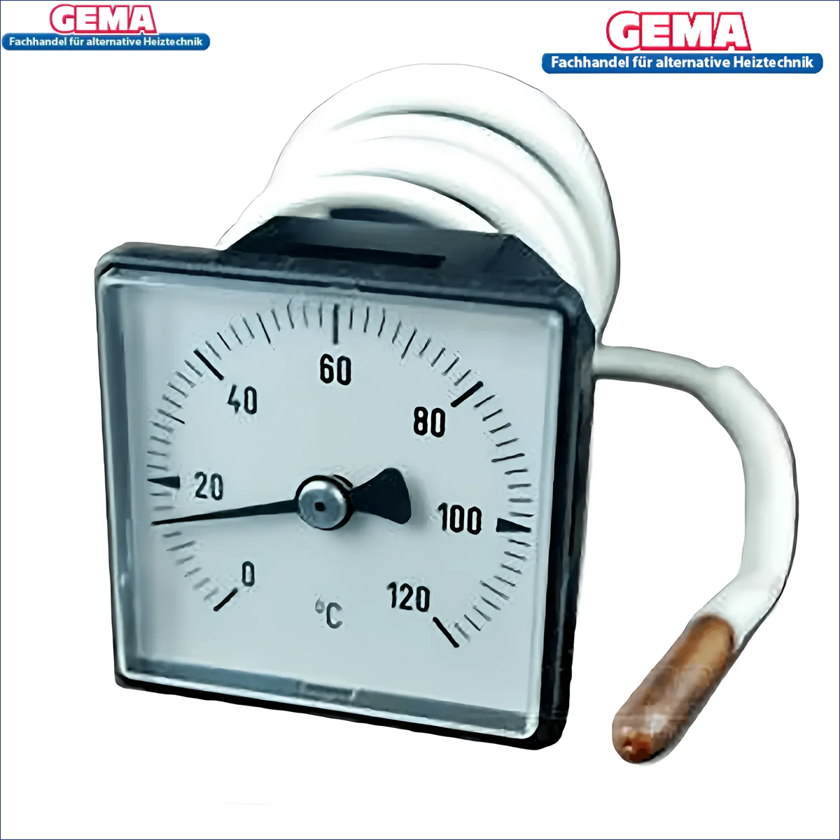 Analoges Thermometer Defro DS Heizkessel mit quadratischem Gehäuse, Kupfersensor und Spiralschlauch