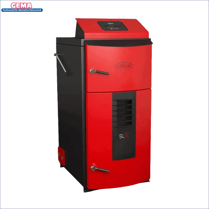 Rot und Schwarz Holzvergaser Attack SLX Profi 50 kW Heizkessel vor weißem Hintergrund