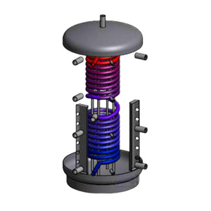 Illustration of Thermoflux Pelling 25/135 Hygienespeicher with colorful heat exchange coils for efficient heating.