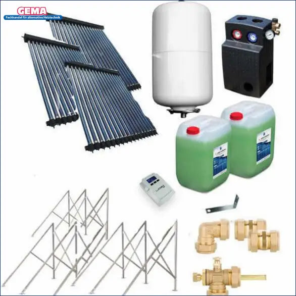 🔧 Solarpaket HP22: Röhrenkollektoren, Tank, Pumpensystem & Zubehör für effiziente 🌞 Energiegewinnung auf Flachdächern.