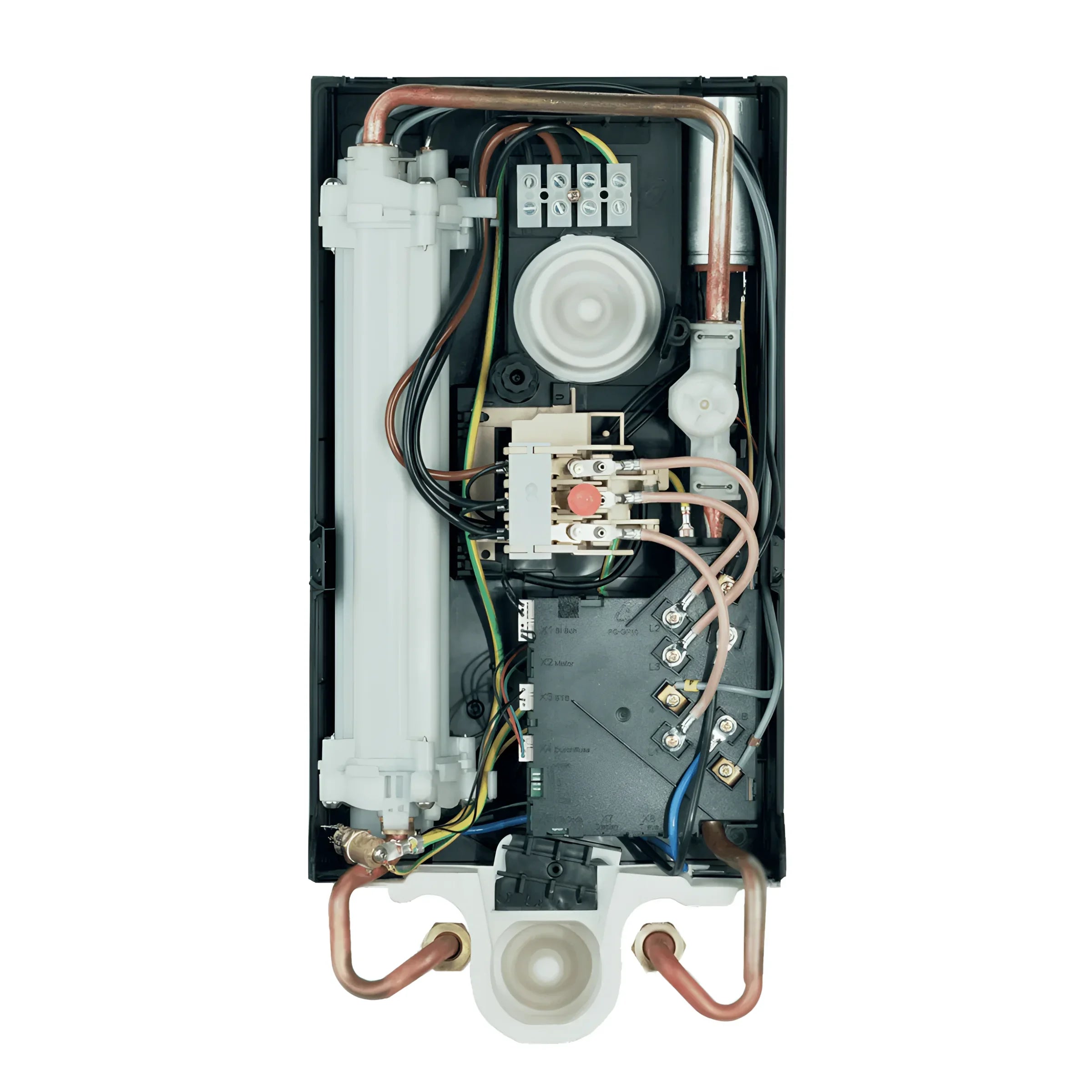 Innere Ansicht des Vaillant 🎛️ Durchlauferhitzers mit ☀️-Wasseranschlüssen und elektrischen Komponenten.