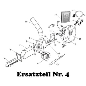Explosionsansicht des komplexen mechanischen Systems mit beschrifteten Komponenten für Keramiksteine für Pelletbrenner Ecofire E+ und ES+