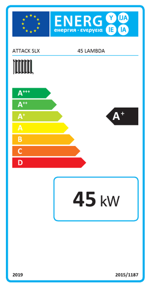 Energieeffizienzlabel für eine 45 kW Heizungsanlage des Holzvergaser Attack SLX Lambda