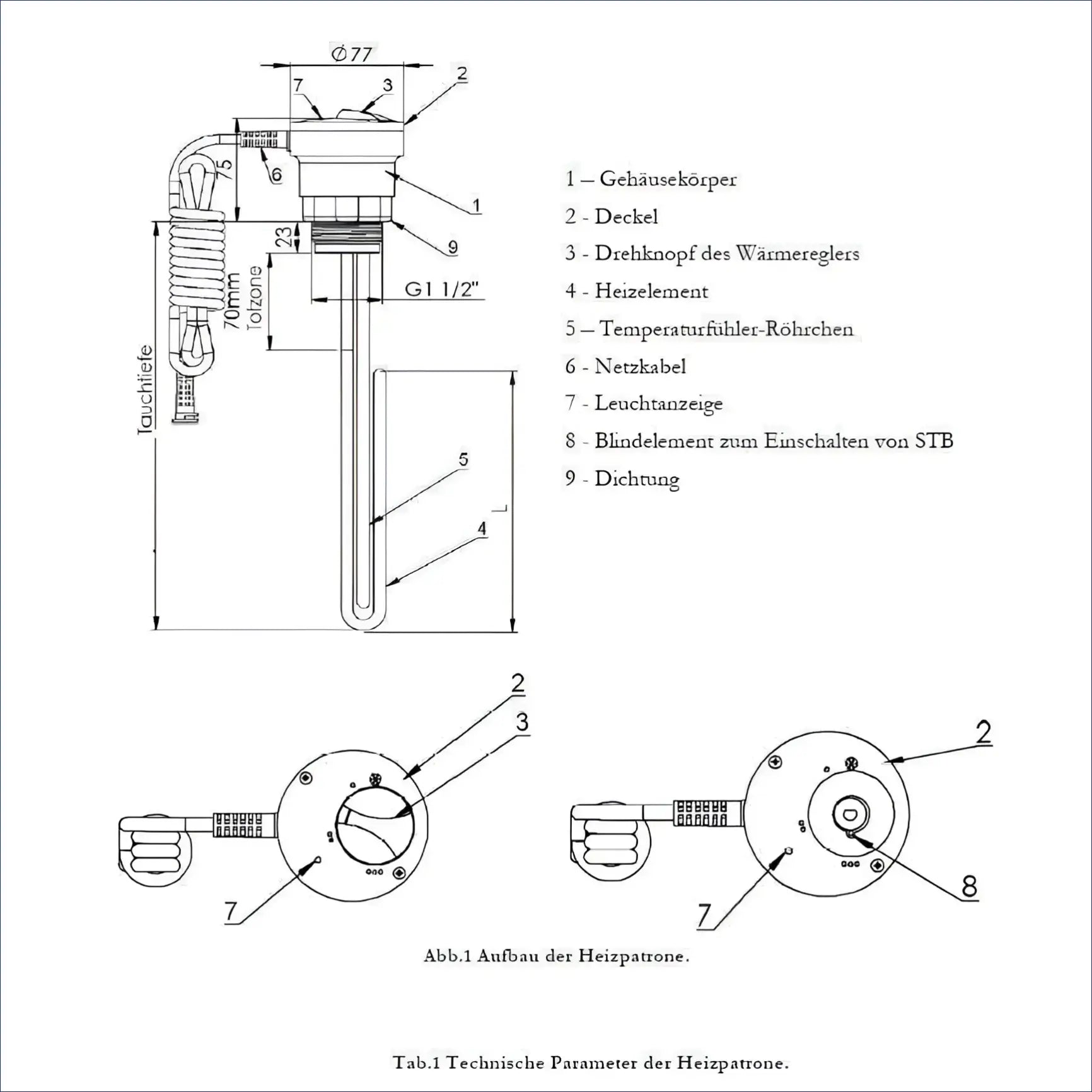 Technische Zeichnung eines Heizstabs Heizpatrone 1,5 kW 1 ½” mit AG