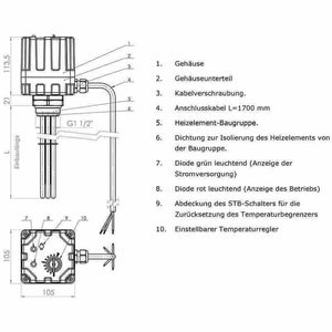 Elektroheizstab mit Regler und Thermostat 6,0 kW.