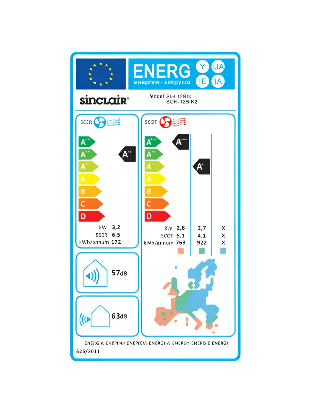 Energieeffizienzkennzeichnung für Sinclair Klimaanlage Keyon Serie mit frostschutz Funktion