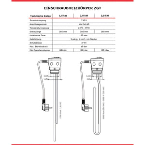 Immersionsheizer Spezifikationen für Warmwasserspeicher 120 L mit sicheren Betrieb