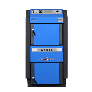 Blaue und graue Atmos Holzvergaserkessel Atmos DC18GSE im Komplettpaket mit Pufferspeicher