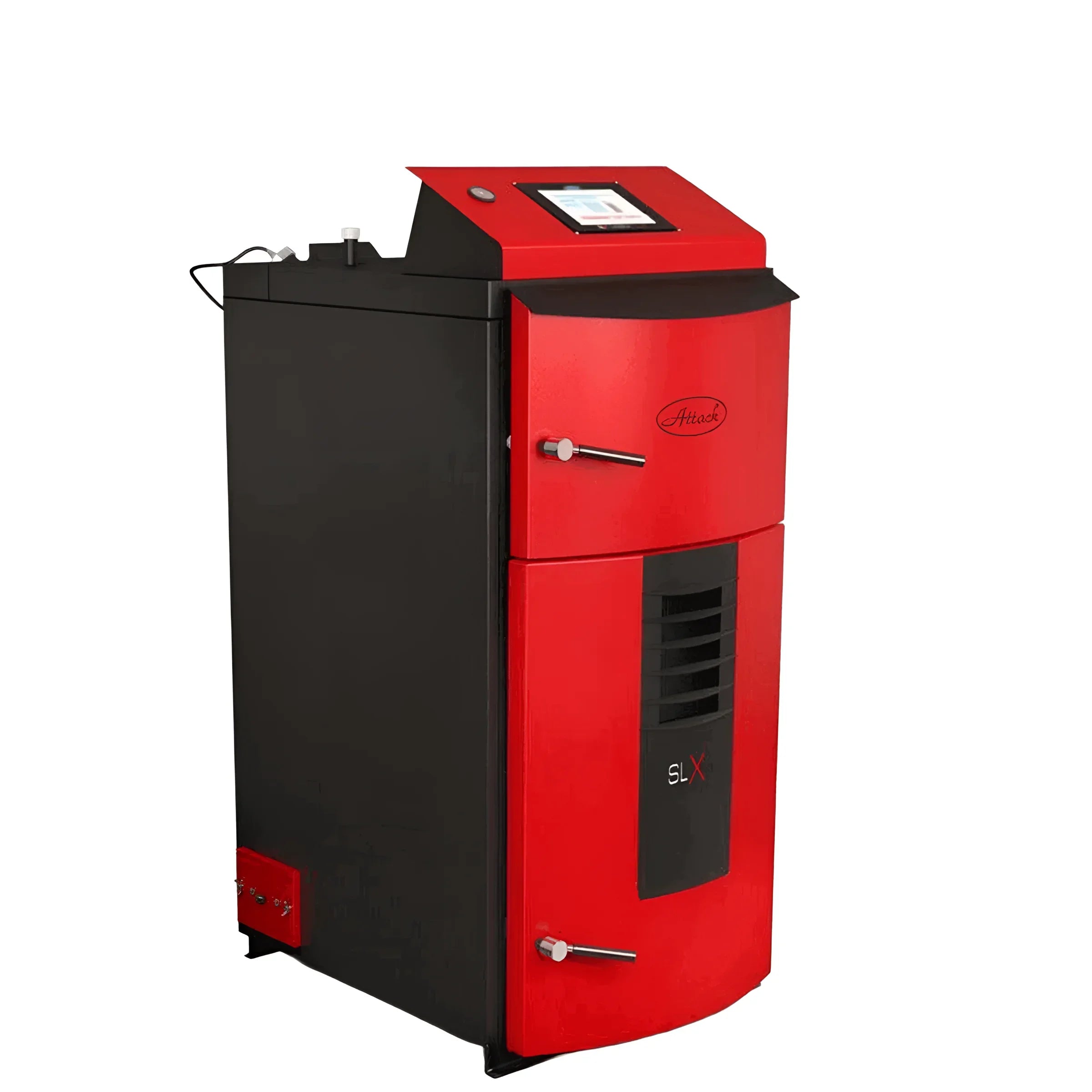 Attack SLX Lambda Touch Holzheizkessel in rot und schwarz mit digitalem Display und innovativer Steuerung.