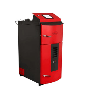 Attack SLX Lambda Touch Holzheizkessel in rot und schwarz mit digitalem Display und innovativer Steuerung.