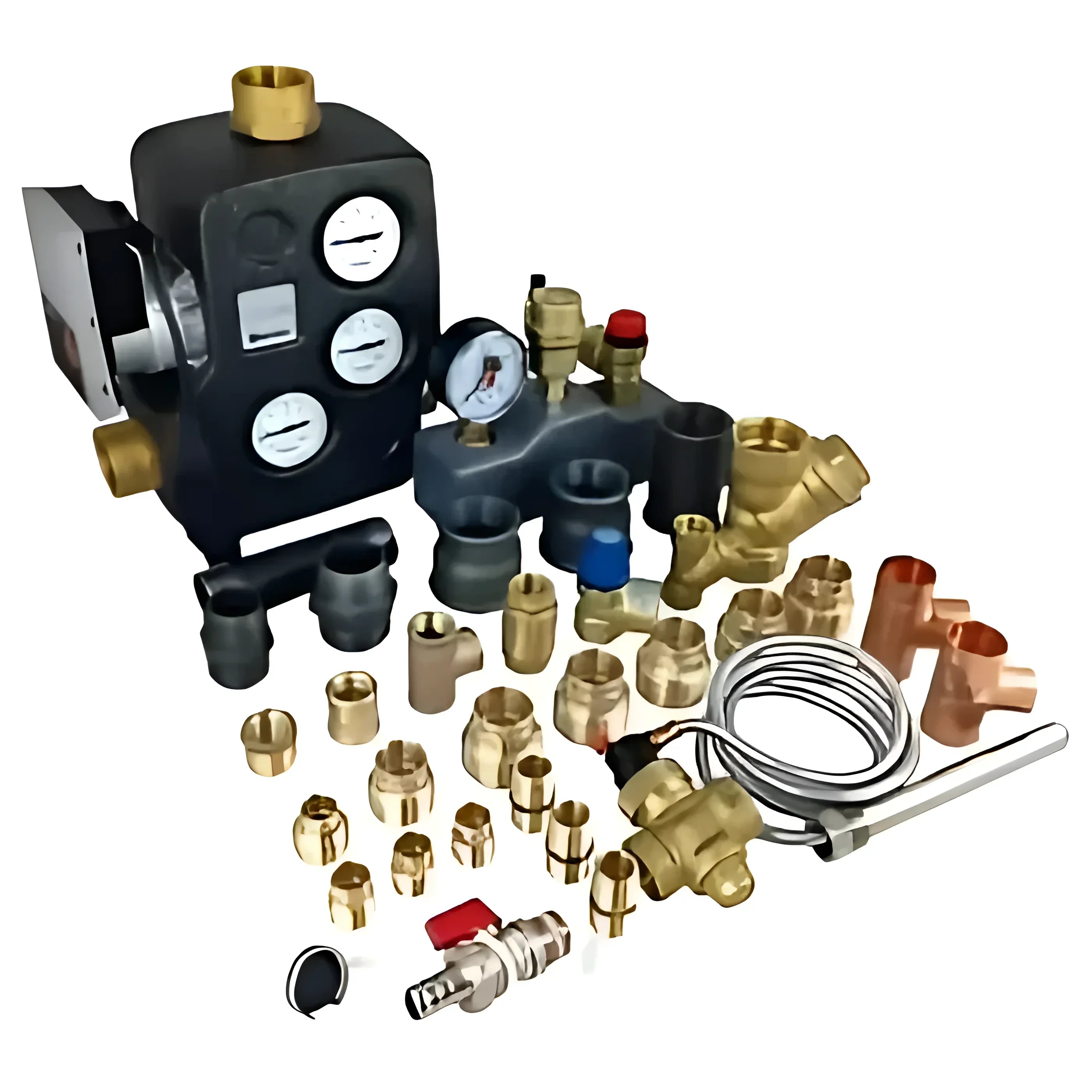 Set of plumbing components including valves, gauges, and connectors for efficient water systems.