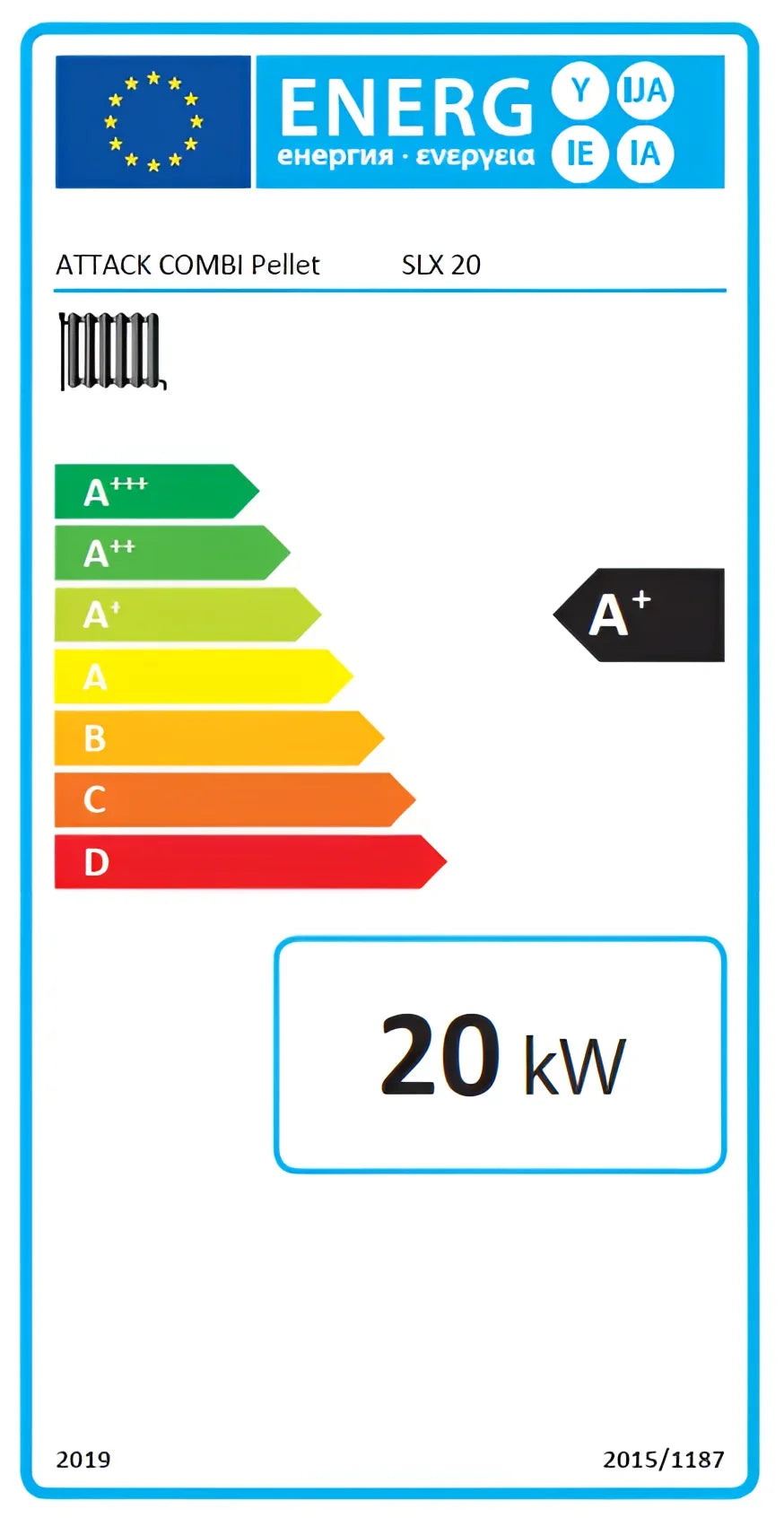 Energieeffizienzlabel für Attack SLX 20 Kombikessel mit 20 kW, zeigt A+ Bewertung und Umweltfreundlichkeit 🌍💚.