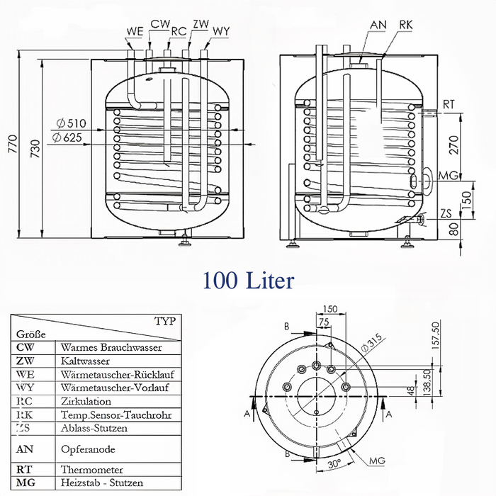 Warmwasserspeicher Trinkwasserspeicher  Brauchwasserspeicher 100 Liter