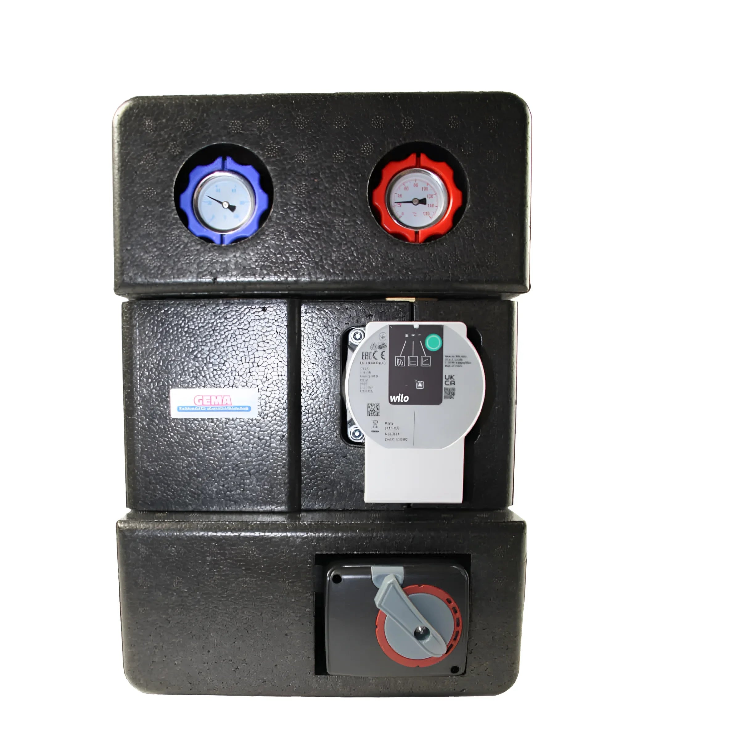 Heizkreisverteiler mit 🚿 Pumpengruppe & 🔄 Drei-Wegemischer, robust und isoliert für effiziente Heizsysteme.