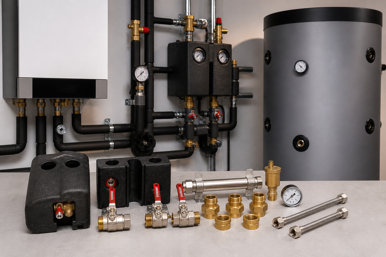 Anschlusspakete für Heiztechnik in sauber montiertem Heizungsraum mit Rohrleitungen und Armaturen
