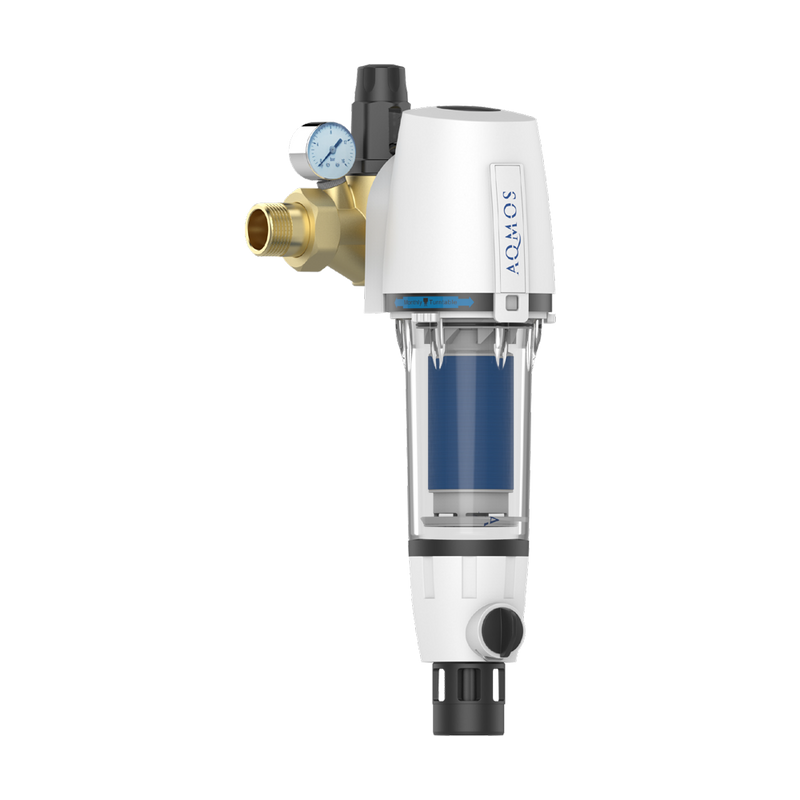 Huiswaterfilter terugspoelfilter AQMOS 1 inch met drukregelaar en manometer