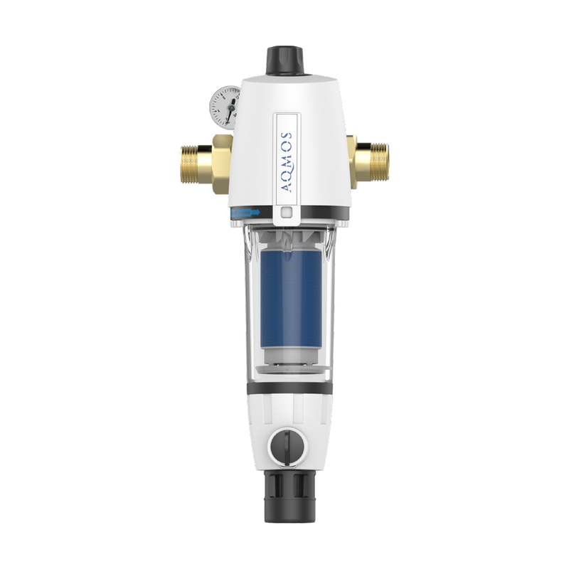 Huiswaterfilter terugspoelfilter AQMOS 1 inch met drukregelaar en manometer