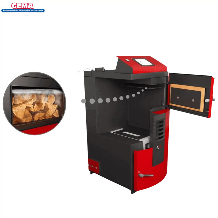 Roter und schwarzer Holzvergaserofen Attack SLX Profi 40 kW für nachhaltiges Heizen