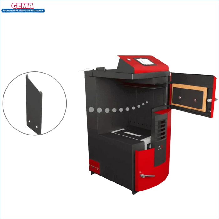 Roter und schwarzer Holzvergaser mit offenem Tür, Attack SLX Profi 50 kW