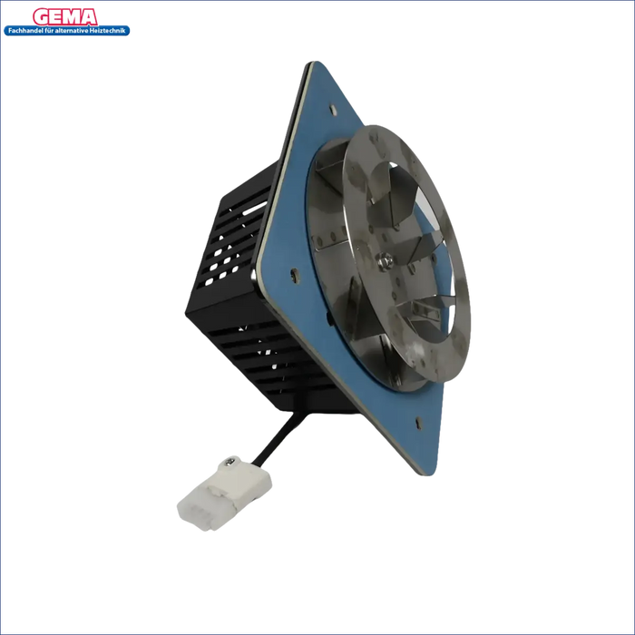 Schwarner quadratischer Ventilator mit blauer Umrandung und silbernem Laufrad für Attack Wood & Pellet Gebläse