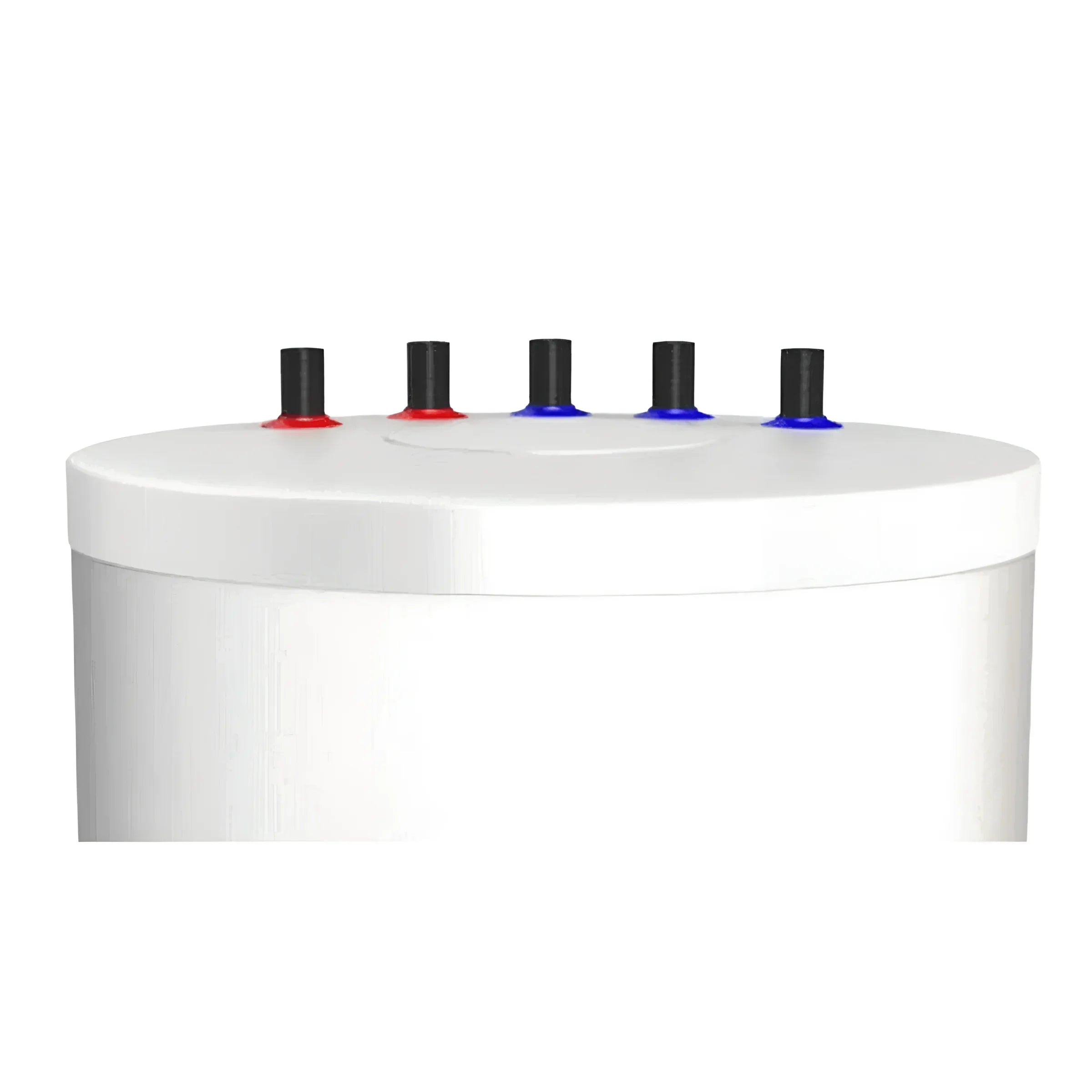 Oberansicht eines Warmwasserspeichers mit 4 Anschlüssen in rot und blau 🔴🔵 für zentrale Warmwassererwärmung.