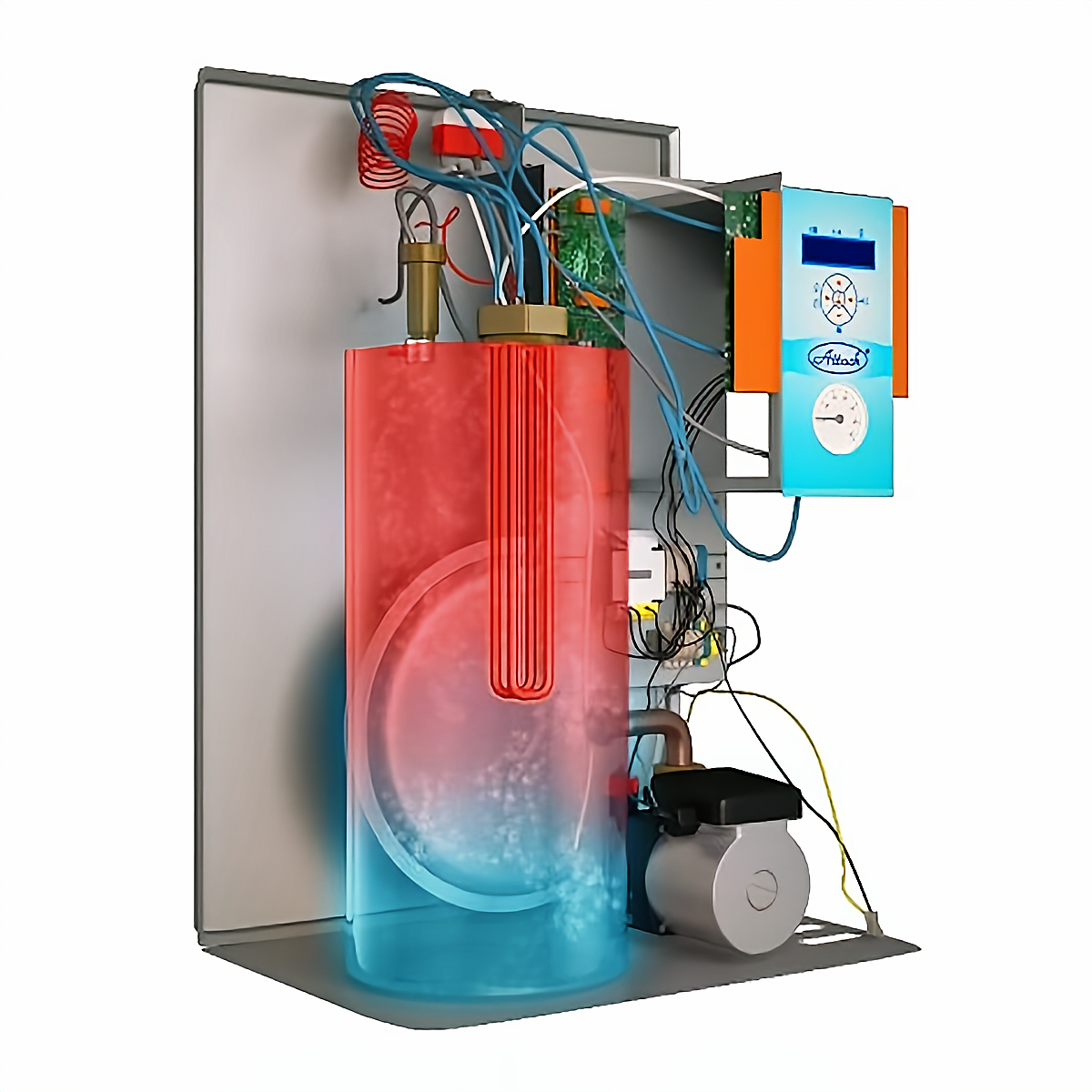 Innenansicht des Elektrokessel Attack Electric Exellent 8 kW mit Heizstäben und Steuerung