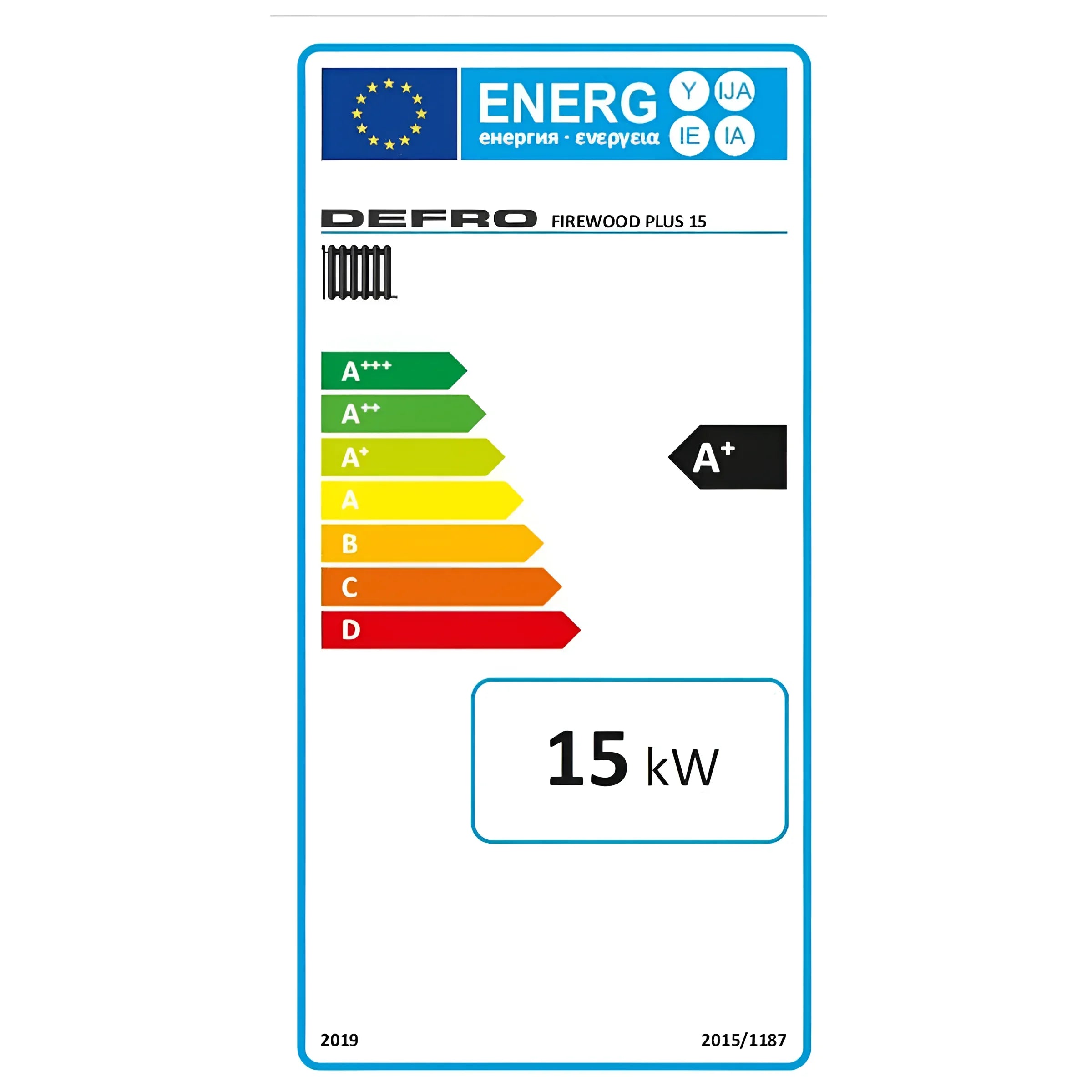 Energieeffizienzlabel für Defro Firewood 15 kW plus mit Pufferspeicher ohne WT