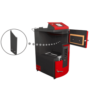 Rot und schwarzer Pelletofen mit offenem Tür für den Holzvergaser Attack SLX Lambda 45 kW