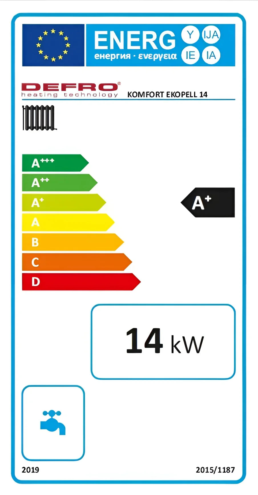 Energieeffizienzlabel für Pelletkessel Defro Komfort mit innovativen Technologien und Raumthermostat ST-292