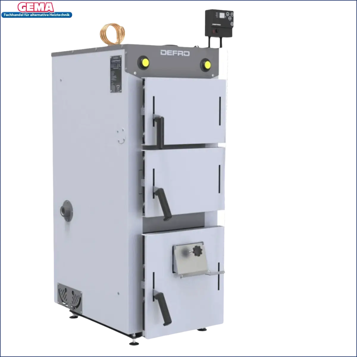 Weiße und graue Festbrennstoffheizung mit drei Türmen, Modell Defro Firewood Plus 12 kW Vergaser