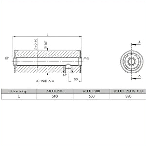 Technische Zeichnung eines zylindrischen Heizstabs mit Maßen für Durchlauferhitzer MDC 230 plus Heizstab 3 kW