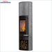 Grauer Stein-Holzofen Edilkamin Tally S Evo 9,1 kW mit Flammen und Holzvorrat