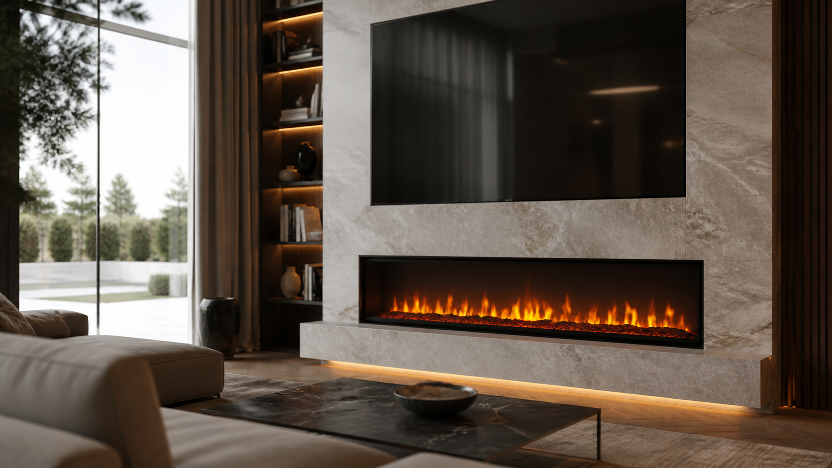 Moderner Elektrokamin im Wohnraum mit realistischer Flammenoptik und hochwertiger Kaminumgebung