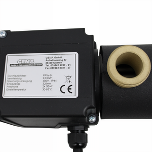 GEMA Durchlauferhitzer 9 kW für PV-Systeme, kompakte Zusatzheizung für Heizungs- und Trinkwasserkreisläufe.