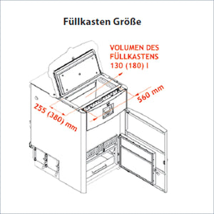 Technische Zeichnung eines Lagerbehälters mit Abmessungen für Holzvergaser ROJEK PK BIO 20 kW