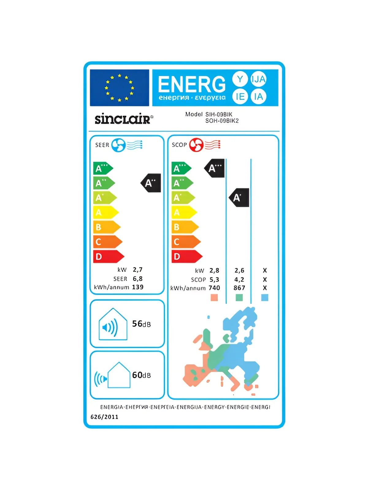 Energieeffizienz-Label der Klimaanlage Keyon Serie mit Frostschutzfunktion und Modell YAa1FB6