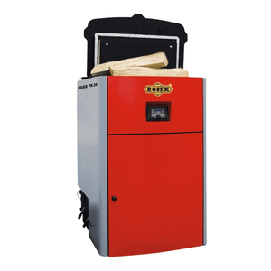 Roter und grauer Holzvergaserkessel ROJEK PK BIO 40 kW für effiziente Heiztechnik