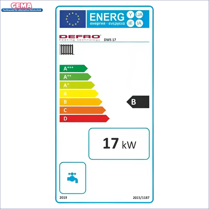 Energieeffizienzlabel für Heizgerät Festbrennstoffkessel der Holz-Kohle Defro DWS Serie