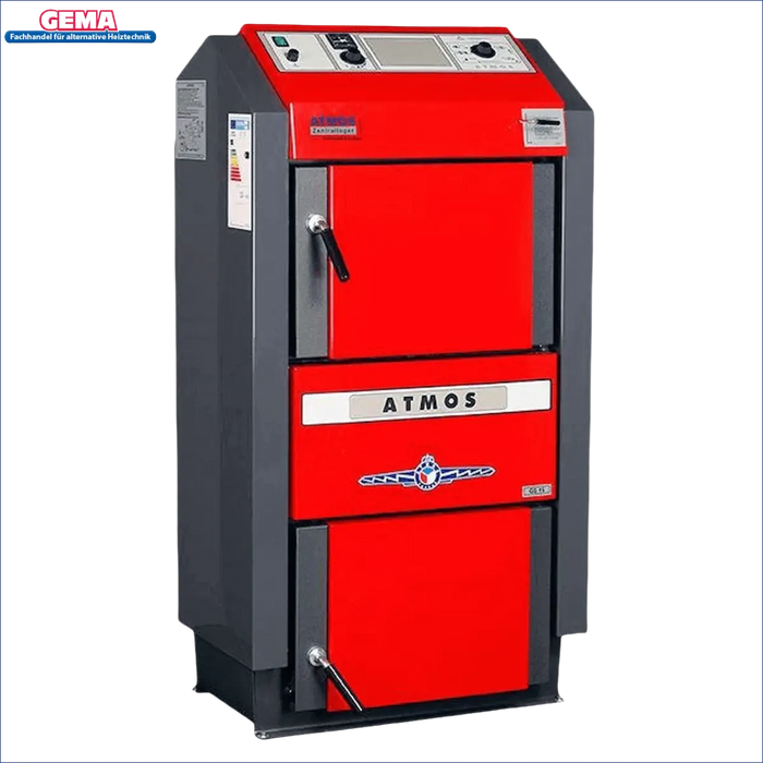 Atmos Holzvergaser Heizkessel in Rot und Grau mit 40 kW Leistung