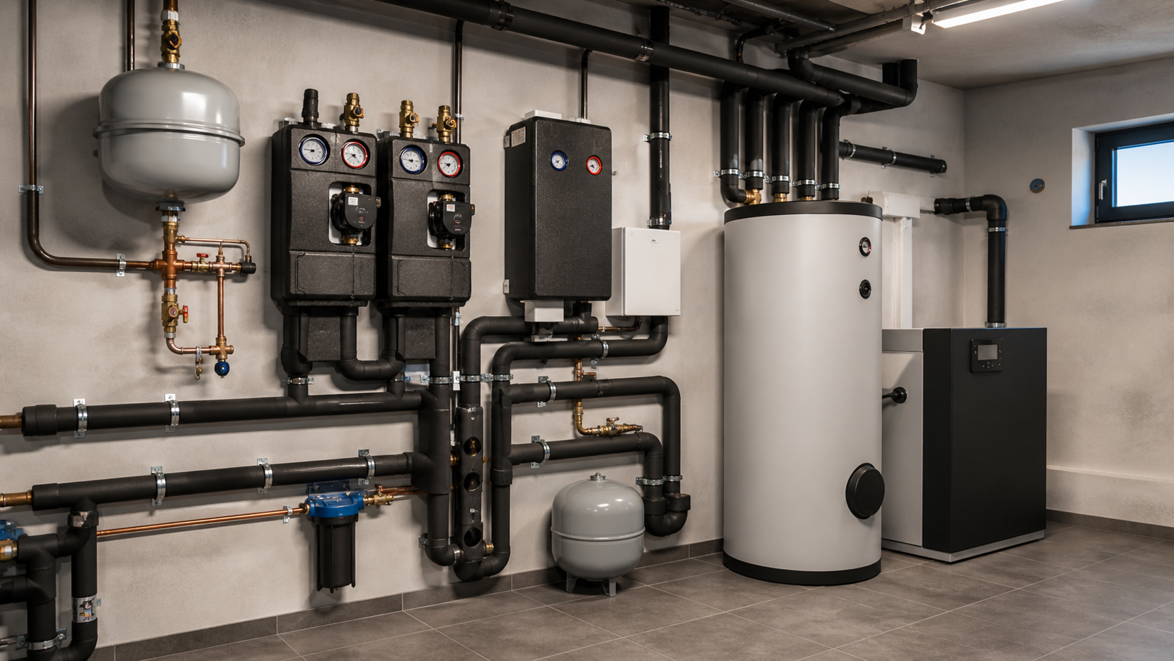 Heizungszubehör und Systemtechnik in sauber installiertem Heizungsraum mit Pumpengruppe und Armaturen