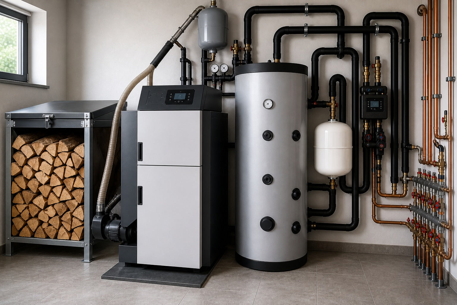 Holzheizung-Komplettpaket mit Holzkessel, Pufferspeicher und Systemtechnik im modernen Heizraum