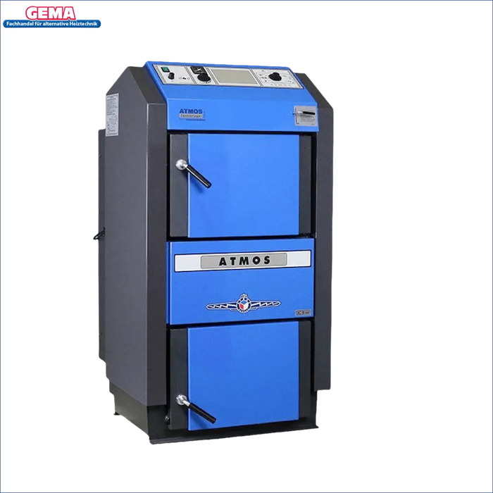 Blaue und graue Festbrennstoffheizung des Produkts Holzvergaser Atmos DC 30GSE