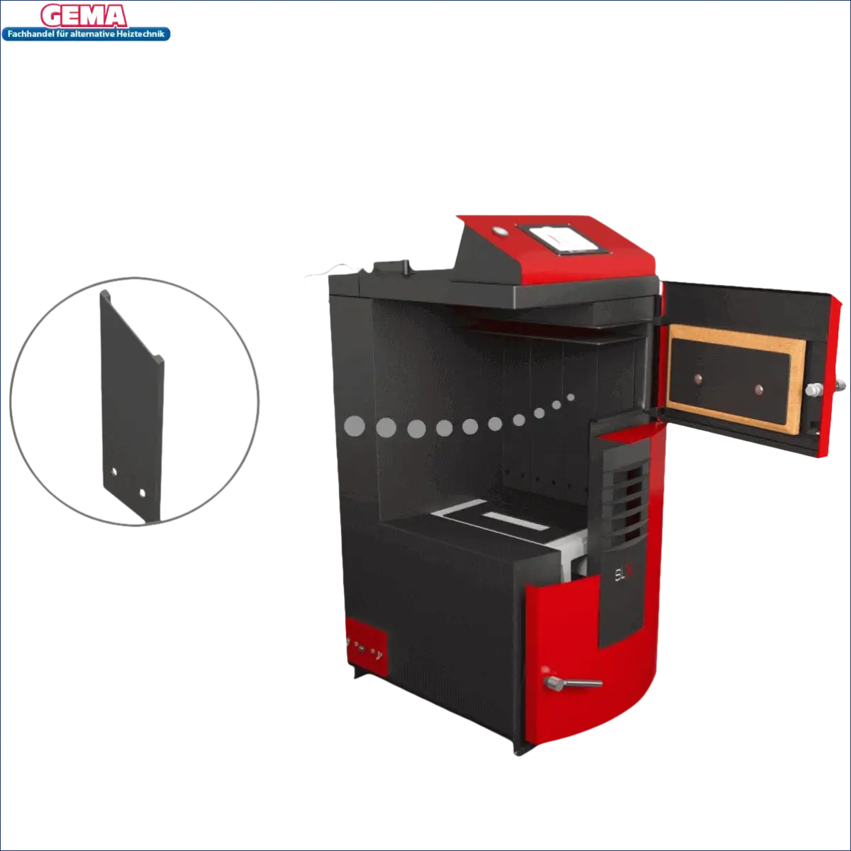 Rot und schwarz Holzvergaser Attack SLX Lambda Touch 35 kW mit offenem Türverdeck