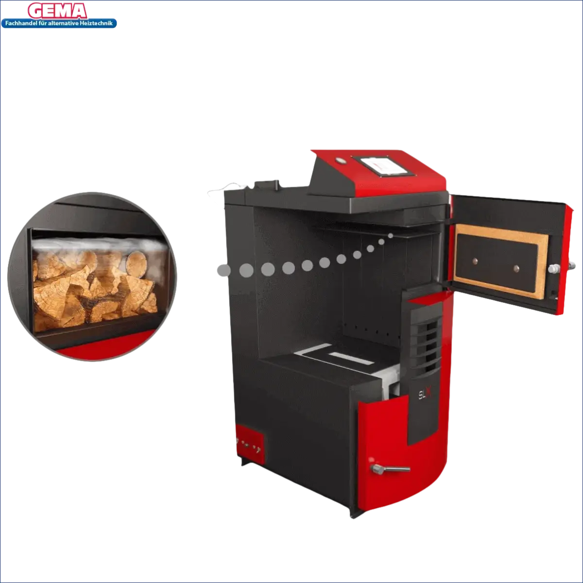 Roter und schwarzer Holzvergaser Attack SLX Lambda Touch 35 kW
