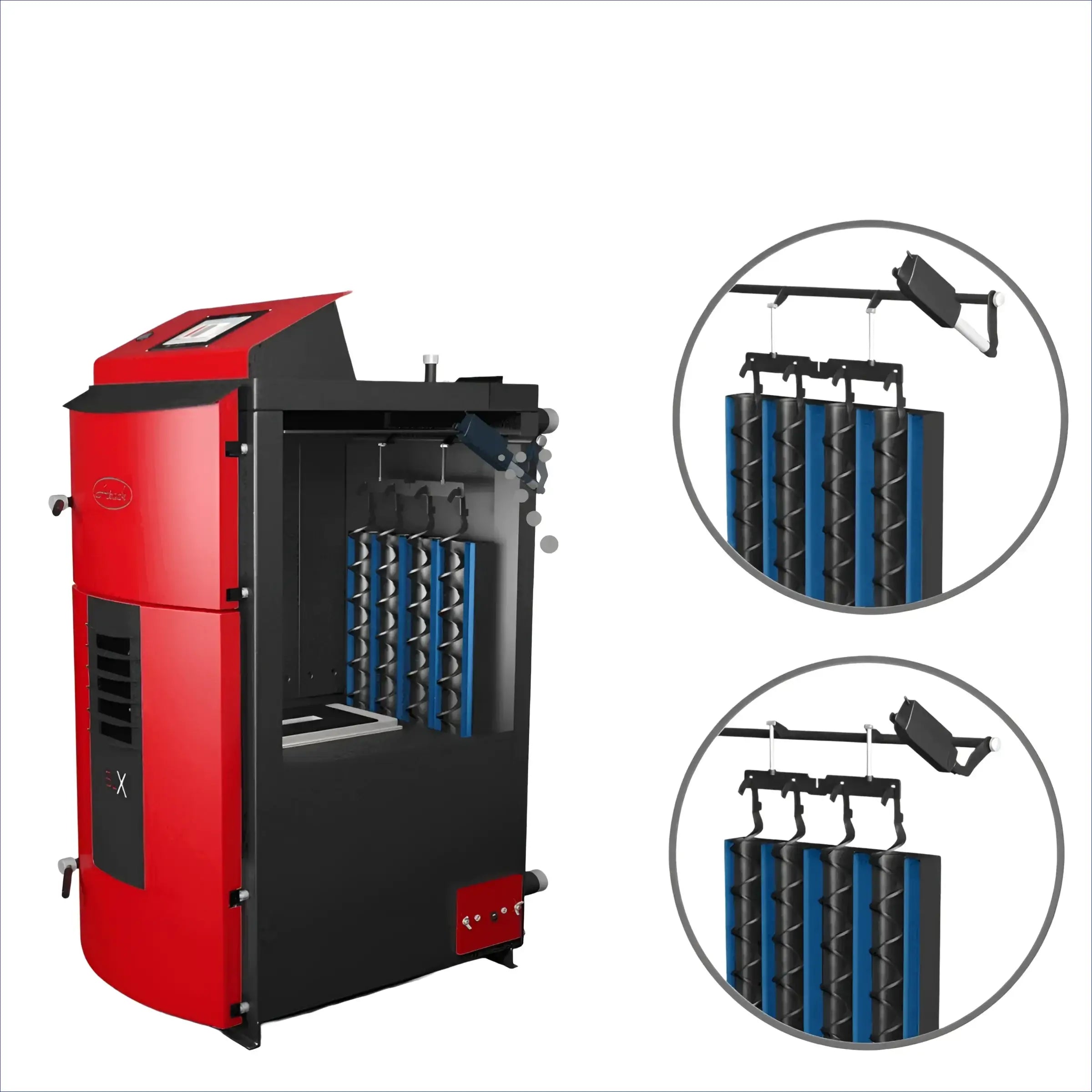 Roter und schwarzer Pelletofen mit Innenkomponenten für Holzvergaser Attack SLX Profi 45 kW