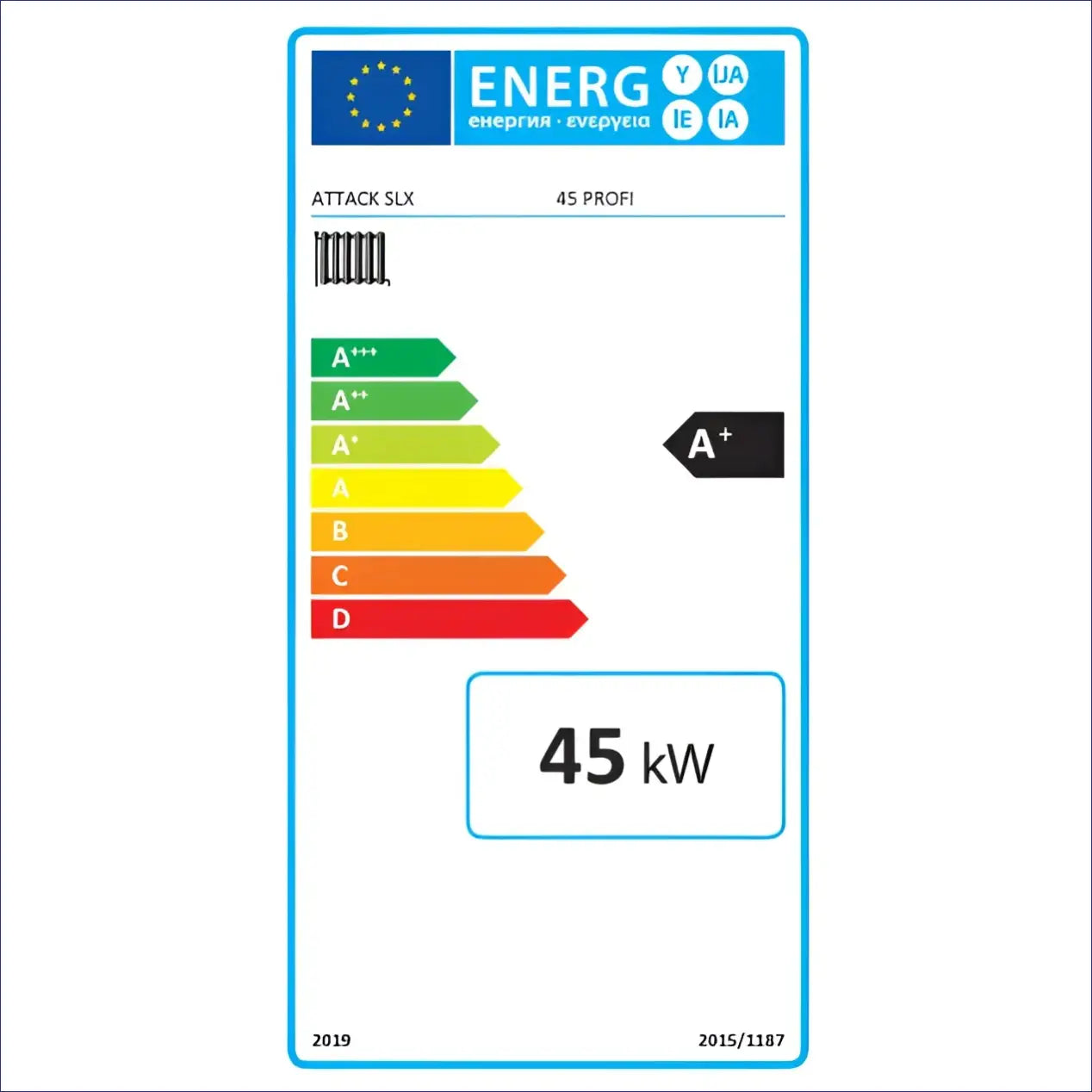 Energieeffizienzlabel für den ATTACK SLX 45 PROFI Holzvergaser für nachhaltige Holzheizung