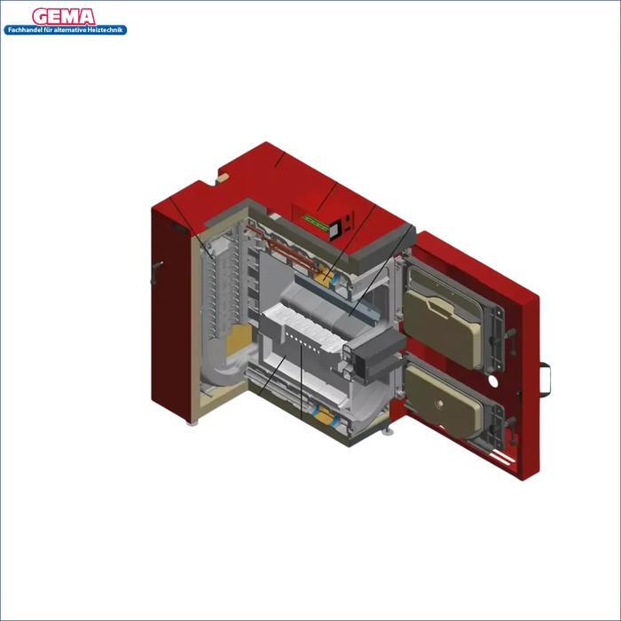 Schnittansicht eines roten Holzvergaserkessels IBC GK-7k-öko 36 kW