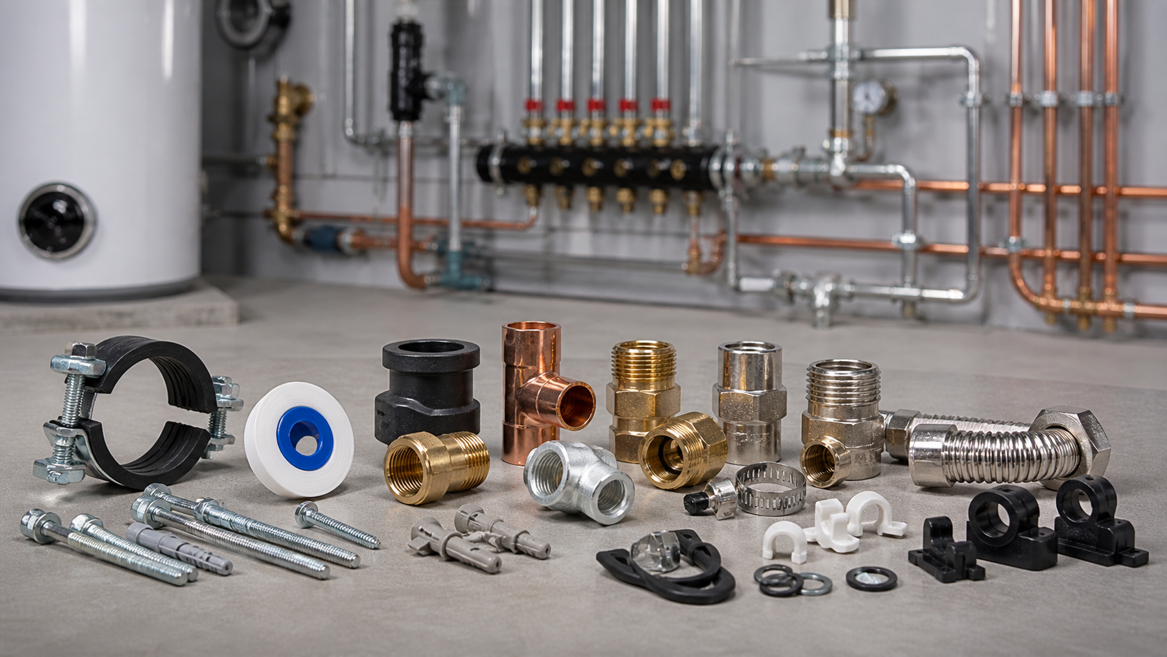 Installationsmaterial für Heizungs- und Sanitärtechnik in sauberer technischer Werkstattumgebung