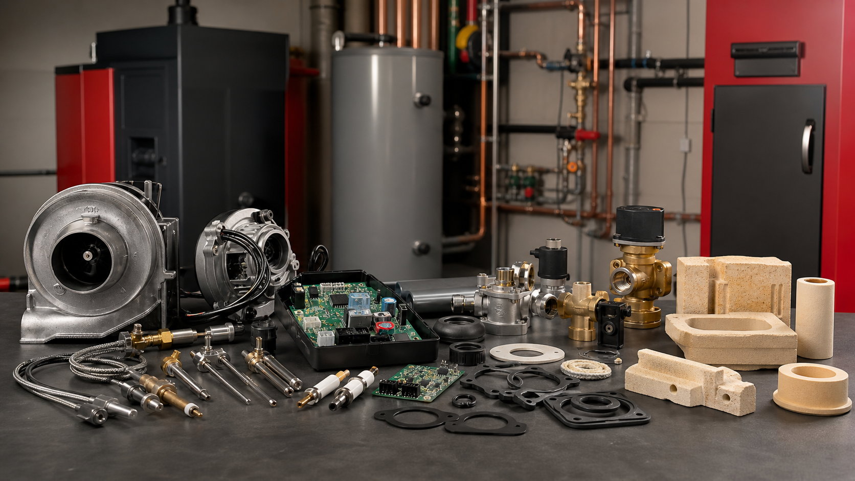 Rojek Ersatzteile für Heizkessel und Feuerungstechnik in sauberer technischer Werkstattumgebung